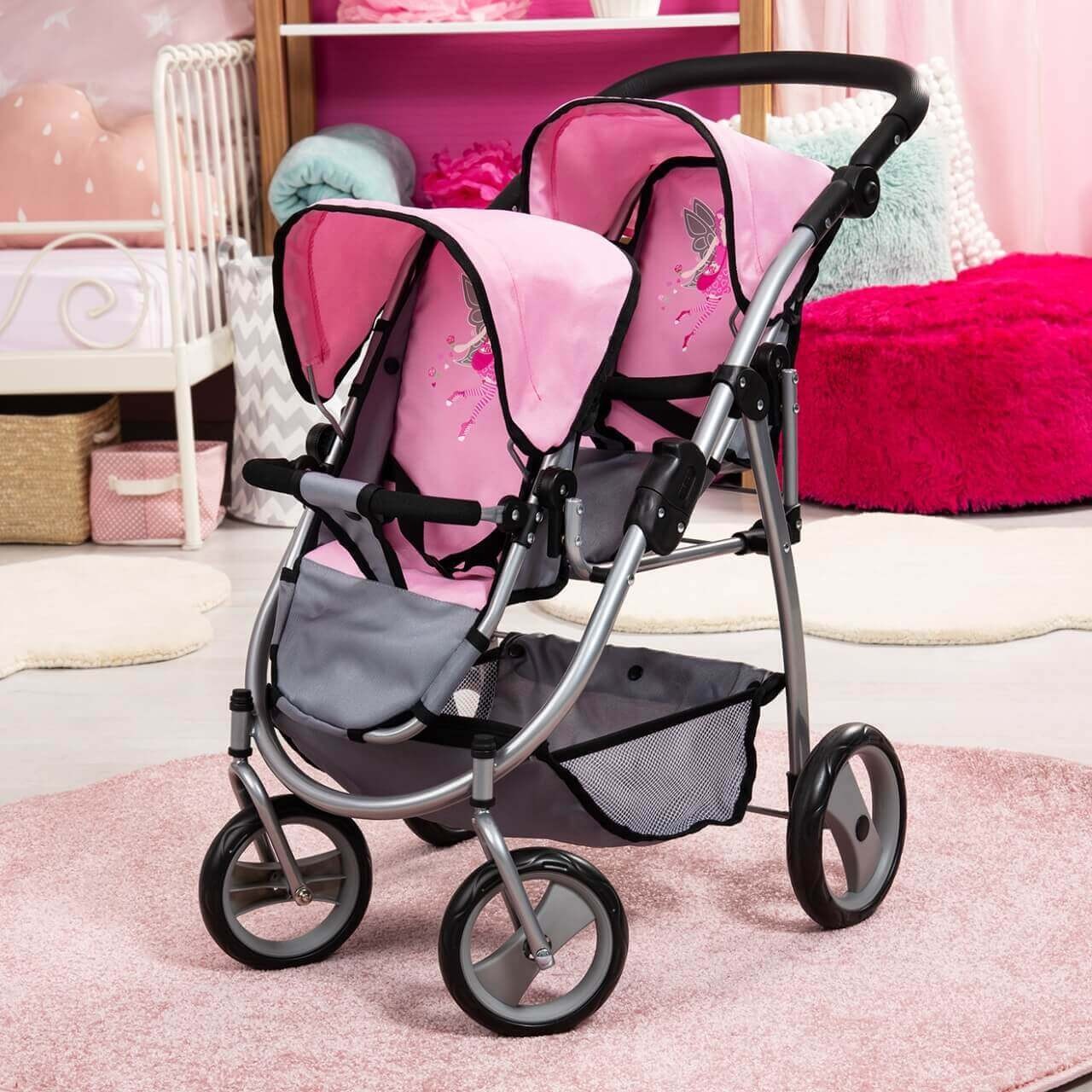 Zwillingswagen für Puppen, Farbe rosa/grau von Bayer Design