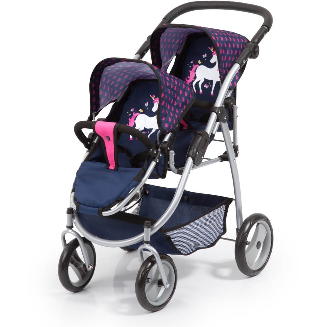 Zwillingswagen für Puppen, blau/pink mit Einhorn von Bayer Design