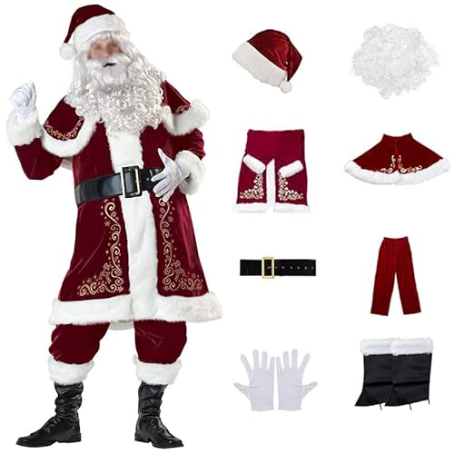 Baymate Weihnachtsmann Kostümset Weihnachtsfeier Cosplay für Erwachsene, Roter Weihnachtsmann Anzug, Santa kostüm (8pcs) von Baymate