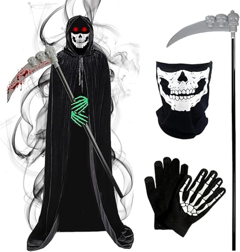 Gruseliges Sensenmann Kostüm Set, Schwarzer Umhang mit Kapuze, Sense, Skelett-Handschuhe und Totenkopf-Maske, Halloween Verkleidung für Erwachsene (150 CM) von Bayuyi
