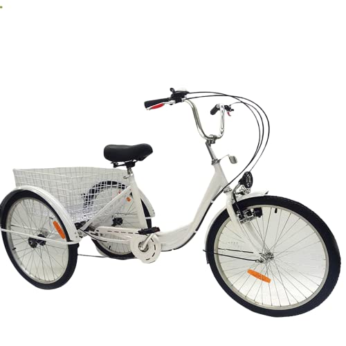 24 Zoll Dreirad Für Erwachsene Seniorenrad 3 Räder 6-Gang Erwachsene Dreirad Weiß Cruiser-Fahrrad Mit Korb Und Lichtern Tricycle Für Senioren Erwachsene von Bazargame