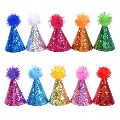 BbiuRer 10 Stück Partyhüte für Kuscheltiere, Glitzer, Mini Partyhüte für Kuscheltiere, Happy Birthday-Hut, Kindergeburtstagszubehör, Dekorationen, Pompom-Party-Hüte für Kinder und Erwachsene von BbiuRer