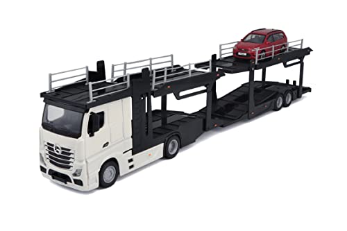 Bburago 1: 43 Maßstab B18–31456 of a Mercedes-Benz Actros multicarrier mit einem zusätzlichen Auto auf der Rückseite von Bburago