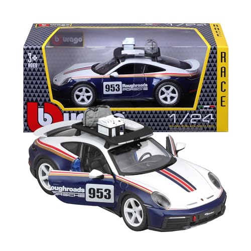 Bburago Porsche 911 Dakar: Modellauto im Maßstab 1:24, Türen beweglich, weiß-blau (18-28029) von Bburago