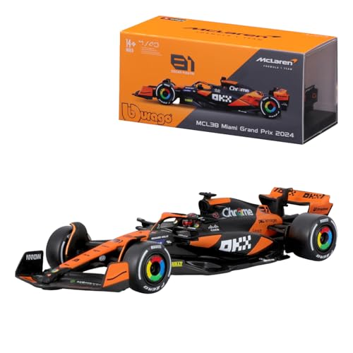 Bburago Formel 1 McLaren Team MCL38 (2024): Modellauto im Maßstab 1:43, mit Fahrer #81 Oscar Piastri, Hardcase, 12,5 cm, schwarz orange (18-38215P) von Bburago