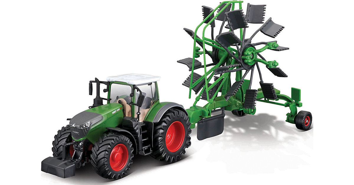 Bburago 10 cm Traktor Fendt mit Heuwender, Schwungrad, WB grün-kombi von Bburago