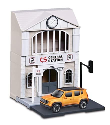 Bburago City Bahnhof Set: Spielzeuggebäude, inklusive Zubehör und 1 Spielzeugauto (18-31505) von Bburago