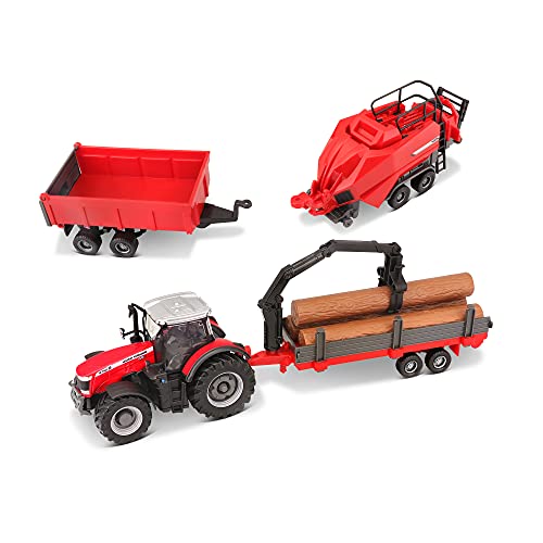 Bburago Die-Cast Massey Ferguson 8740S Farm Tractor MIT 3 ANHÄNGERN - Detaillierte Replik Sammlerstück Modell Spielzeug, Rot von Bburago