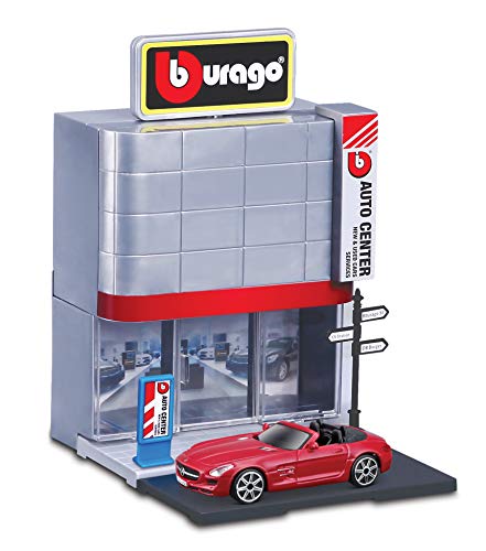 Bburago City Autohändler Set: Spielzeuggebäude, inklusive Zubehör und 1 Spielzeugauto (18-31501) von Bburago