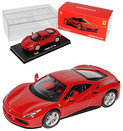 Bburago Ferrari 488 GTB Coupe Rot Ab 2015 mit Sockel und Vitrine 1/43 Modell Auto mit individiuellem Wunschkennzeichen von Bburago