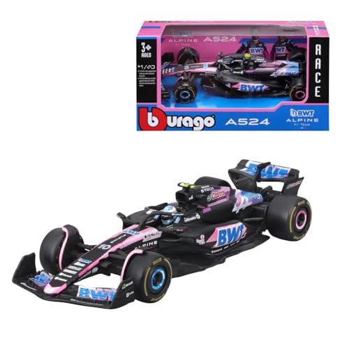 Bburago Formel 1 Alpine A524 (2024): Modellauto im Maßstab 1:43, von Fahrer #10 Pierre Gasly, Window Box, 12,5 cm, schwarz pink (18-38219G) von Bburago