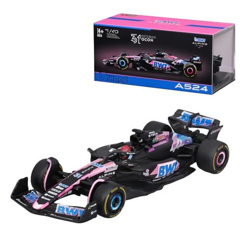 Bburago Formel 1 Alpine A524 (2024): Modellauto im Maßstab 1:43, von Fahrer #31 Esteban Ocon, Window Box, 12,5 cm, schwarz pink (18-38220O) von Bburago