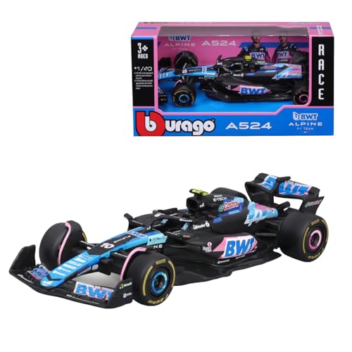 Bburago Formel 1 Alpine A524 Japan-Version (2024): Modellauto im Maßstab 1:43, Sondermodell, von Fahrer #10 Pierre Gasly, Window Box, 12,5 cm, blau pink (18-38219G1) von Bburago