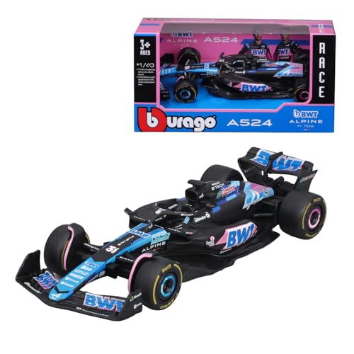 Bburago Formel 1 Alpine A524 Japan Version (2024): Modellauto im Maßstab 1:43, Sondermodell, von Fahrer #31 Esteban Ocon, Window Box, 12,5 cm, blau pink (18-38219O1) von Bburago