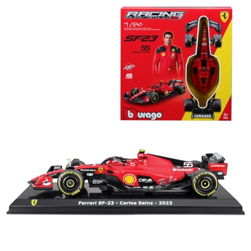 Bburago Formel 1 KIT Ferrari SF23 (2023): Modellauto Bausatz im Maßstab 1:24, 45-teilig, von Fahrer #55 Carlos Sainz, Window Box, 27cm, schwarz-rot (18-26852) von Bburago