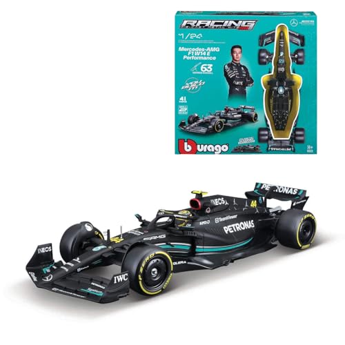 Bburago Formel 1 KIT Mercedes AMG W14E (2023): Modellauto Bausatz im Maßstab 1:24, 44-teilig, von Fahrer #44 Lewis Hamilton, Window Box, 27cm, schwarz (18-28506) von Bburago