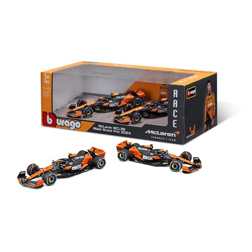 Bburago Formel 1 McLaren MCL38 2er-Set (2024): Modellauto-Set im Maßstab 1:43, Window Box, 25,4 cm, schwarz orange (18-38202) von Bburago