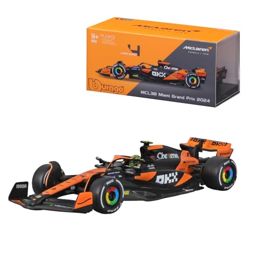 Bburago Formel 1 McLaren Team MCL38 (2024): Modellauto im Maßstab 1:43, mit Fahrer #4 Lando Norris, Hardcase, 12,5 cm, schwarz orange (18-38215N) von Bburago