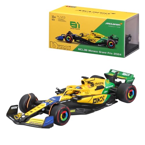 Bburago Formel 1 McLaren Team MCL38 Senna Version (Monaco GP) (2024): Modellauto im Maßstab 1:43, Sondermodell, mit Fahrer #81 Oscar Piastri, Hardcase, 12,5 cm, gelb grün (18-38215P-S) von Bburago