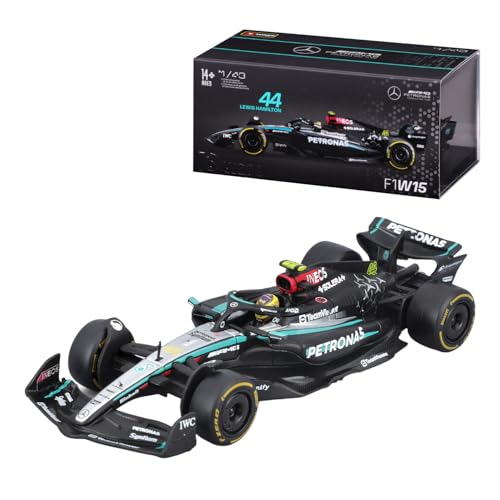 Bburago Formel 1 Mercedes-AMG Petronas F1 W15 Team (2024): Modellauto im Maßstab 1:43, mit Fahrer #44 Lewis Hamilton, Hardcase, 12,5 cm, schwarz Silber (18-38209H) von Bburago