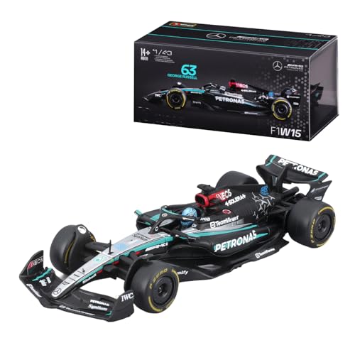 Bburago Formel 1 Mercedes-AMG Petronas F1 W15 Team (2024): Modellauto im Maßstab 1:43, mit Fahrer #63 George Russell, Hardcase, 12,5 cm, schwarz Silber (18-38209R) von Bburago