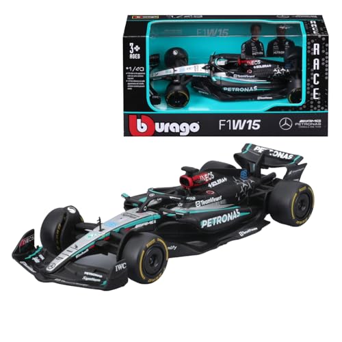 Bburago Formel 1 Mercedes-AMG Petronas F1 W15 Team (2024): Modellauto im Maßstab 1:43, von Fahrer #63 George Russell, Window Box, 12,5 cm, schwarz Silber (18-38208R) von Bburago