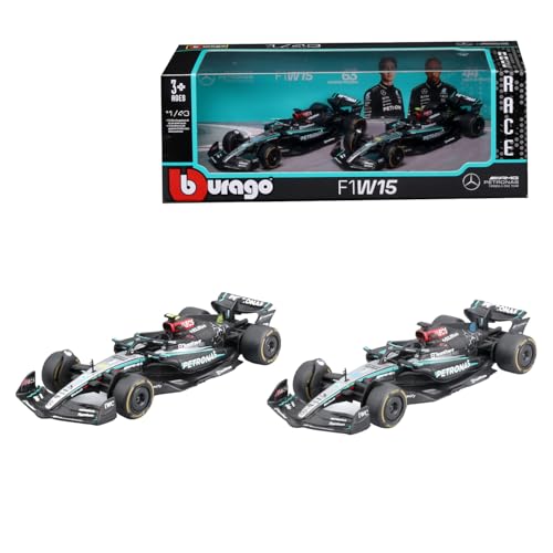 Bburago Formel 1 Mercedes AMG W15E 2er-Set (2024): Modellauto-Set im Maßstab 1:43, Window Box, 25,4 cm, schwarz türkis (18-38201) von Bburago