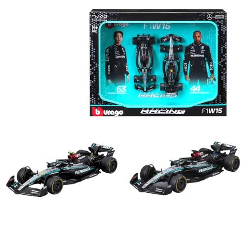 Bburago Formel 1 Mercedes AMG W15E Team Collector (2024): Modellauto-Set im Maßstab 1:43, Window Box zum Aufhängen, 28 cm, schwarz Petrol (18-38115) von Bburago