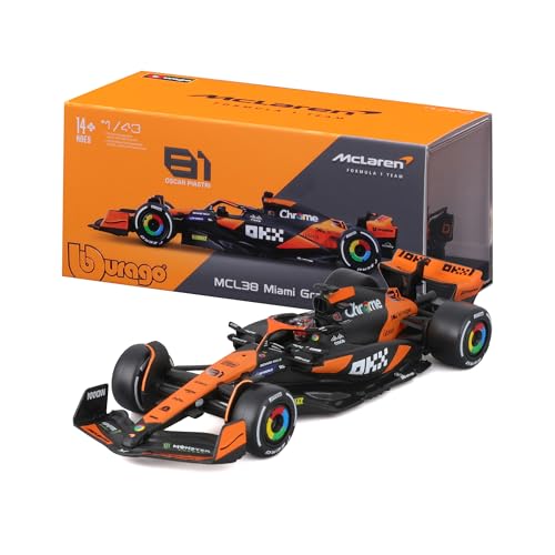 Bburago - McLaren MCL38#81 Oscar Piastri, Maßstab 1:43, Diecast Modell mit Helm und Vitrine, Offizielle Lackierung 2024, Realistische Details, Offizielle McLaren Lizenz, Alter 14+ von Bburago
