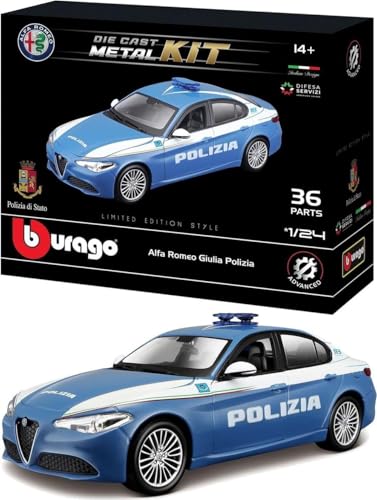 BBURAGO - Modellbausatz Giulia Polizia - Realistisches Automodell im Maßstab 1:24, Offizieller Polizeischein und Alfa Romeo, Altersempfehlung ab 14 Jahren von Bburago