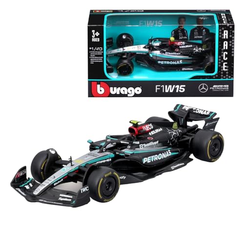 Bburago Formel 1 Mercedes-AMG Petronas F1 W15 Team (2024): Modellauto im Maßstab 1:43, von Fahrer #44 Lewis Hamilton, Window Box, 12,5 cm, schwarz Silber (18-38208H) von Bburago