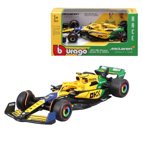 Bburago Formel 1 McLaren Team MCL38 Senna Version (Monaco GP) (2024): Modellauto im Maßstab 1:43, Sondermodell, von Fahrer #4 Lando Norris, Window Box, 12,5 cm, gelb grün (18-38214N-S) von Bburago
