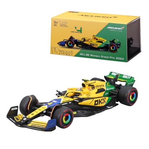 Bburago Formel 1 McLaren Team MCL38 Senna Version (Monaco GP) (2024): Modellauto im Maßstab 1:43, Sondermodell, mit Fahrer #4 Lando Norris, Hardcase, 12,5 cm, gelb grün (18-38215N-S) von Bburago