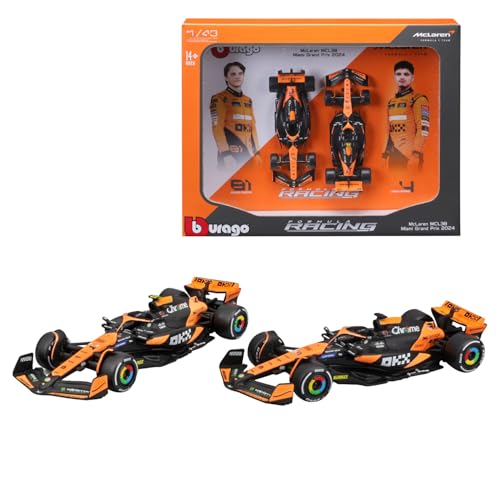 Bburago Formel 1 McLaren MCL38 Team Collector (2024): Modellauto-Set im Maßstab 1:43, Window Box zum Aufhängen, 28 cm, schwarz orange (18-38109) von Bburago