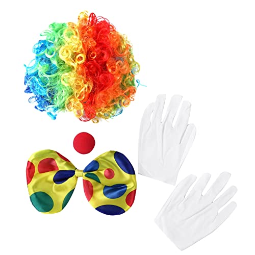 Bcowtte Clown-Kostüm Perücke Schwamm Nase Punkte Fliege Handschuh Weiß Clown Set für Cosplay Requisiten Kleidung von Bcowtte