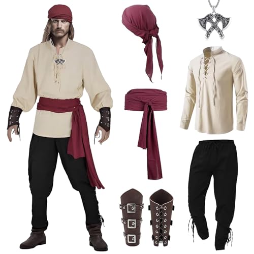 Bcuuozeeing 7 Stück Mittelalter Kleidung Herren, Herren Renaissance Kostüm Set, Mittelalter Viking Kostüm mit Knöchelriemen,Gürtel,Handgelenkschützer (XL) von Bcuuozeeing