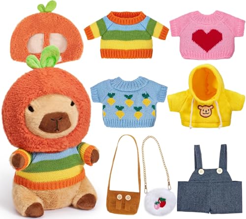 Bcuuozeeing Capybara Kuscheltier, Kinder Spielzeug Ab 3 Jahre, Capybara Plüschtier 25cm mit 5 Kleidung Hut 2 Taschen, Capybara Anziehspielzeug Geschenke für Kinder von Bcuuozeeing
