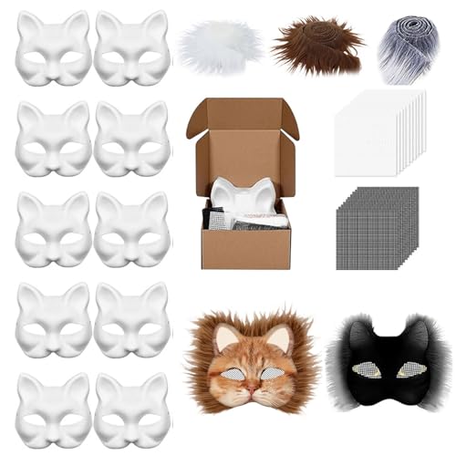 Bcuuozeeing Katzenmaske 6 Stück Therian Mask, Katzenmasken Zum Bemalen, mit Augen Mesh und Pelz Bart, Weiße Halbmasken, Masken DIY Basteln, für Halloween, Karneval, Party, Maskerade, Cosplay von Bcuuozeeing