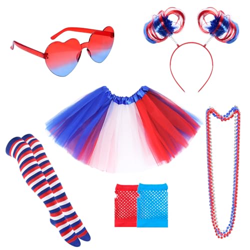 Bcxfbxd Tüll-Tutus-Kostüm-Zubehör-Set, 80er-Jahre, Tüllrock, Pompon, Stirnband, Halsketten, Sonnenbrille, Fischnetz-Handschuhe, gestreifte Socken für Damen, Unabhängigkeitstag Bcxfbxd Tüll-Tutus-Kostüm-Zubehör-Set, 80er-Jahre, Tüllrock, Pompon, Stirnband, Halsketten, Sonnenbrille, Fischnetz-Handschuhe, gestreifte Socken für Damen, Unabhängigkeitstag von Bcxfbxd