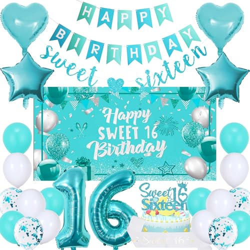 16. Geburtstag Dekorationen für Mädchen – 27 Stück blaugrüne süße 16. Geburtstag Party Dekor Nummer 16 Folienballon Sweet Sixteen Banner Happy Birthday Hintergrund Stern Ballons für 16 Geburtstag 16. Geburtstag Dekorationen für Mädchen – 27 Stück blaugrüne süße 16. Geburtstag Party Dekor Nummer 16 Folienballon Sweet Sixteen Banner Happy Birthday Hintergrund Stern Ballons für 16 Geburtstag von Bcxiuso