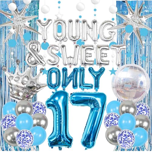 Dancing Queen Dekoration zum 17. Geburtstag – 41 Stück blau silber Mamma Mia Partydekoration inklusive Disco-Luftballons, Glitzerstern-Girlande und Folien-Fransenvorhänge für Junge und Süße, nur 17 von Bcxiuso