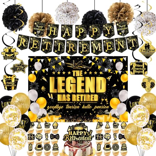 Happy Retirement Ballon-Party-Dekorationen – 51 Stück "The Legend Has Retired Backdrop", Happy Retirement Banner, Pom Pom Blumen, Retirement Thema Wirbel, Happy Retirement Cake Topper, von Bcxiuso