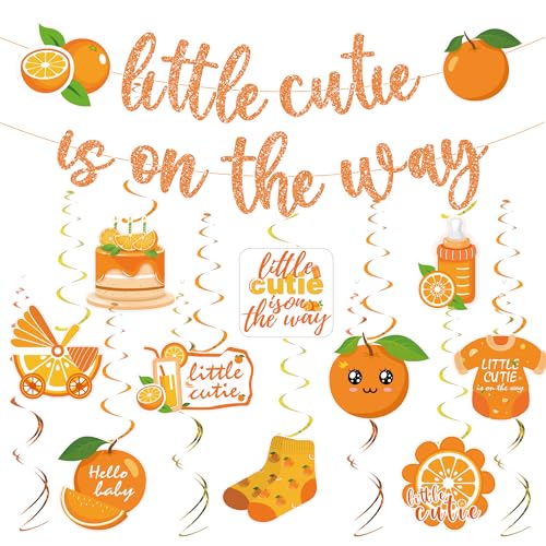 Little Cutie Babyparty-Dekorationen – 15 Stück orangefarbene Banner zum Aufhängen, Party-Dekoration, Zubehör, Glitzer, Little Cutie Is On The Way-Banner für süße Babyparty, Mädchen, orangefarbenes von Bcxiuso