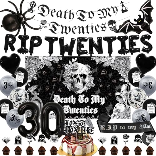 Rip 20er Jahre Geburtstag Dekorationen Luftballons – 43 Stück Death To My 20s Party Supplies einschließlich Banner Totenkopf Hintergrund Nummer 30 Folienballon Kuchen Cupcake Topper für My Youth Funny von Bcxiuso