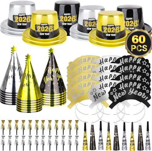 2026 Happy New Year's Eve Deko Set Silvester Fransen Kegel Hut mit Folie Quaste Fransen Schimmer Stirnband Blowouts Blower Perlenkette für Kinder Erwachsene Silvester Party von Bdecoll