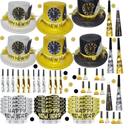Bdecoll 48 Stück Silvester Deko 2025 Party Set, Glitzer Schwarz Gold Silber Neujahr Partyhüte, Squawkers, Partytröten, Haarreifen für Neujahrdeko Party Accessoire von Bdecoll