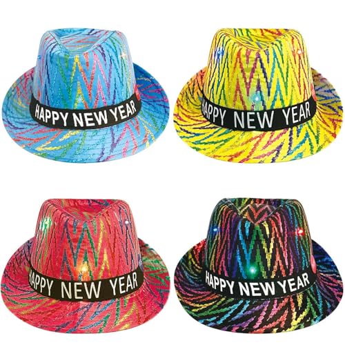 Bdecoll 4Stück Silvester Partyhüte 2026,Hut Sparkling funkelnder Fedora für Silvester,Hutband mit Schrift Frohes Neues Jahr, Happy New Year Silvesterpartydeko 2026 (Classic) von Bdecoll