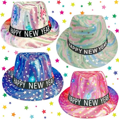 Bdecoll 4Stück Silvester Partyhüte 2026,Hut Sparkling funkelnder Fedora für Silvester,Hutband mit Schrift Frohes Neues Jahr, Happy New Year Silvesterpartydeko 2026 (Vivid) von Bdecoll