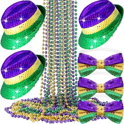Bdecoll Karneval Karneval Zubehör Set Pailletten Fedora Hut - Pailletten Fliege - Bunte Perlenkette Karneval Kostüm für Karneval Party Favors von Bdecoll
