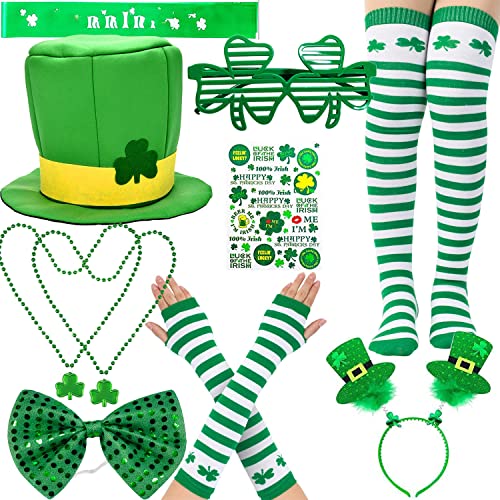 Bdecoll St. Patricks Party Kostüm Set,Grün Weiß Handschuhe Overknee Socken Kostüm Zubehör Für Karneval Kostümparty (10Stück) von Bdecoll